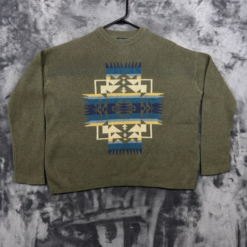 Pendleton Sweater Mens Medium Olive Green Southwestern Intarsia Cotton Knit